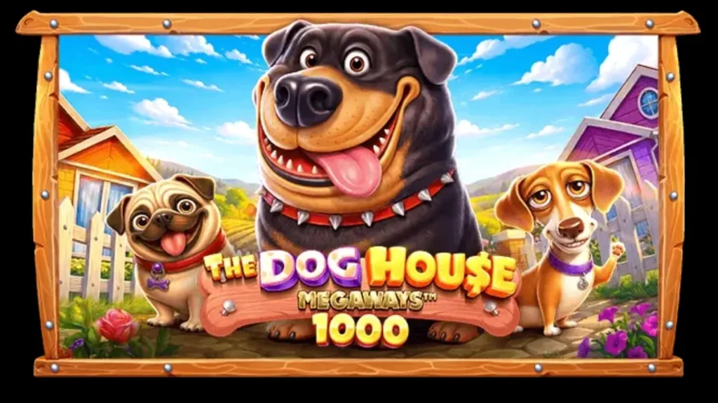 Tampilan layar permainan slot The Dog House Megaways 1000 dengan tema anjing yang ceria