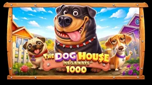 Tampilan layar permainan slot The Dog House Megaways 1000 dengan tema anjing yang ceria