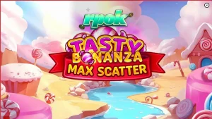 Tampilan layar permainan slot Tasty Bonanza Max Scatter dengan simbol permen yang cerah